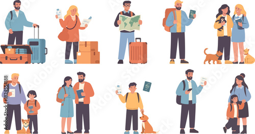 Diverse Travelers with Luggage and Pets Waiting at Airport in Casual Clothing