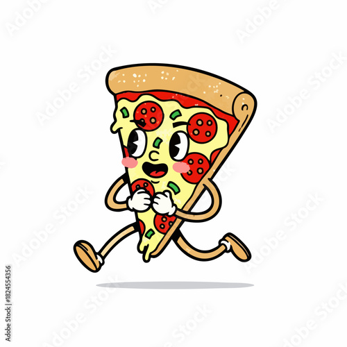 Cartoon pizza slice with pepperoni running happily with a smile.