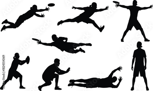 Black silhouette vector set of Ultimate Frisbee players diving and throwing, symbolizing intense competition, agility, athletic fitness, team sport, and outdoor fun.