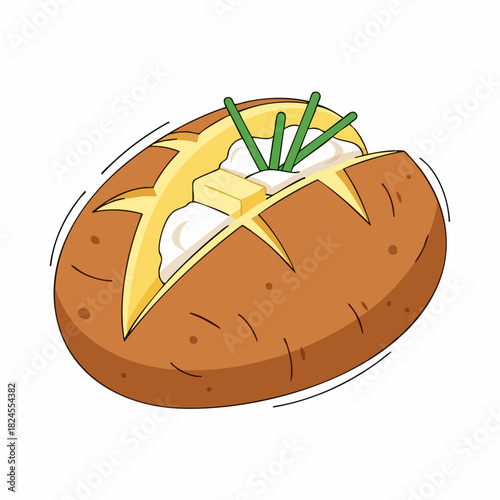 Cartoon Baked Potato with Butter and Chives, Comfort Food Illustration.