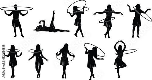 Extensive vector set of female silhouettes performing dynamic rhythmic gymnastics and hula hoop dance, showcasing fitness, artistic movement, and fun exercise design.