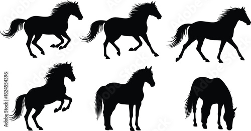 Set of Majestic Horse Silhouettes, Depicting Running, Rearing, and Grazing Poses for Equine, Farm, Ranch, and Dynamic Animal Movement Concepts, Isolated on White Background.