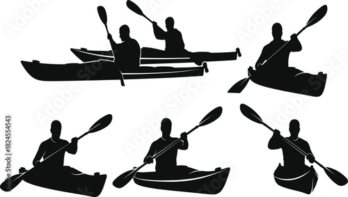 Black silhouette vector set of kayakers paddling, men and women enjoying water sport, leisure activity, outdoor recreation, adventure, fitness, and summer fun.