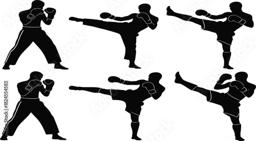 Set of six dynamic kickboxing and martial arts fighter silhouette vectors demonstrating various attack poses, including punches and high kicks for combat sports.