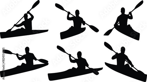 Vector set of dynamic kayaker silhouettes showing various paddling poses, strokes, and actions for outdoor water sports, adventure, and recreation design elements.