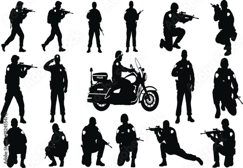 Black silhouette vector set of police officers and SWAT team members, including tactical, patrol, and motorcycle police, representing law enforcement and security.