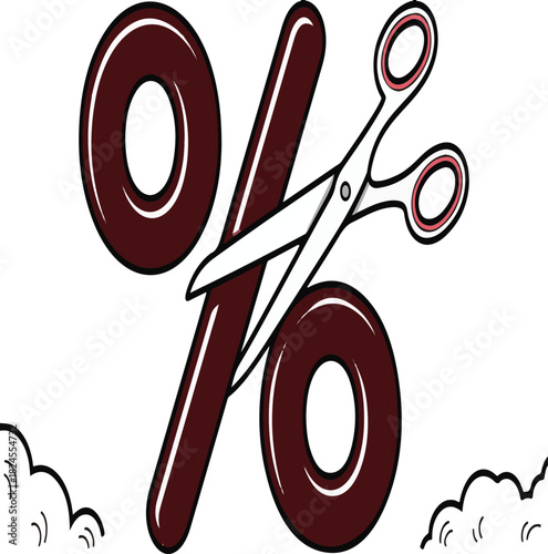 Vector percentage sign being cut by sharp scissors symbolizing a sale discount or financial reduction