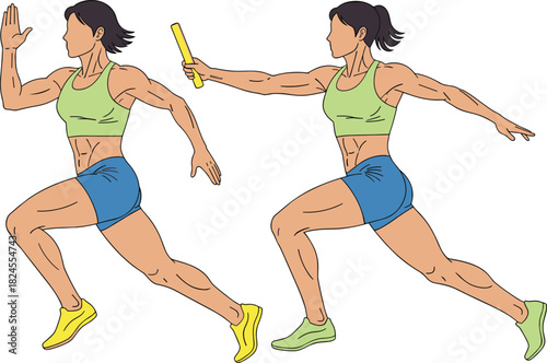 Strong Vector Illustration of Two Muscular Female Athletes Participating in a Relay Race, Precisely Exchanging the Baton, Representing Sprinting and Competitive Sports.