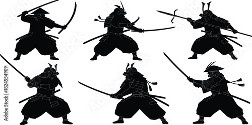 Set of Dynamic Samurai Warrior Silhouettes, Showing Historical Japanese Fighters in Action with Katanas for Martial Arts, Culture, and History Concepts, Isolated on White Background.