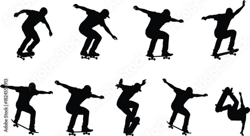 Black silhouette vector set of skateboarders performing tricks, riding, and jumping, symbolizing extreme sport, youth culture, street style, energy, and freedom.