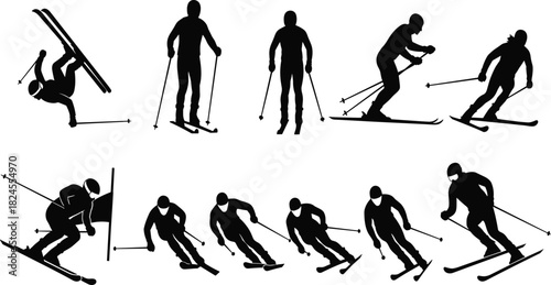 Black silhouette vector set of downhill skiers skiing, performing tricks, and falling, symbolizing winter sport, extreme activity, athleticism, speed, and snow recreation.