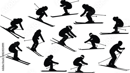 Vector Silhouette Set of Skiers and Snowboarders in Dynamic Action Poses, Racing Downhill on Snow, Representing Winter Sports and Recreation.