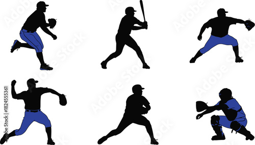 Dynamic baseball player silhouette vector set featuring various action poses: pitching, batting, catching, and fielding for sports design and team logos.