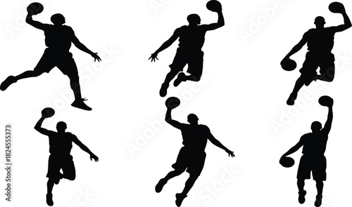 Basketball Players Action Silhouettes Set, Showing Dynamic Jumping, Dunking, and Scoring Movements for Sports, Competition, and Athletic Performance Concepts, Isolated on White Background.