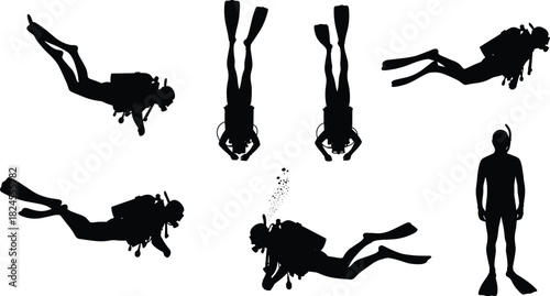 Vector set of dynamic scuba diver silhouettes showcasing various underwater poses, including diving, swimming, floating, and standing for water sport and adventure design.