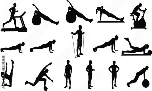 Extensive vector set of fitness workout silhouettes featuring cardio, stretching, core exercises, and gym equipment for health, training, and wellness design.