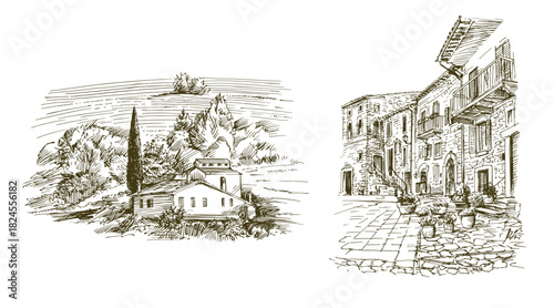 A pen-and-ink illustration of a Tuscan farmhouse and a charming Italian village street with historic stone buildings.