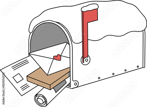 Snow-Covered Mailbox with Heart Letter and Package Vector, Winter Holiday Mail Delivery and Message
