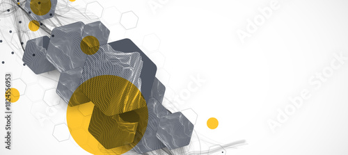 Abstract composition with wireframe hexagons, dots, and lines. Vector