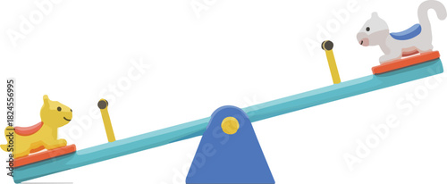 Toy Seesaw with Yellow and White Animal Riders Isolated on White Background