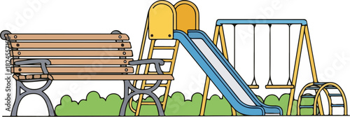 Colorful Illustration of a Park Playground with Bench Slide and Swings