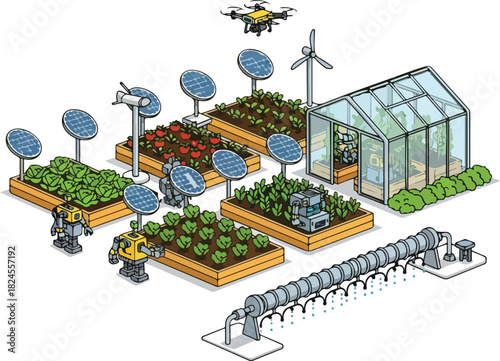 Isometric Illustration of Smart Farming with Renewable Energy Robotics and Drone Technology