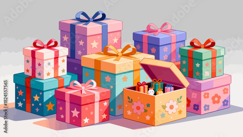 This festive illustration shows a colorful pile of gift boxes with various patterns (stars, snowflakes) and vibrant ribbons, creating a cheerful, holiday-themed scene perfect for celebrations.