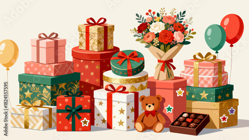 This festive illustration shows a colorful pile of gift boxes with various patterns (stars, snowflakes) and vibrant ribbons, creating a cheerful, holiday-themed scene perfect for celebrations.