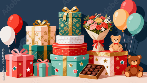 This festive illustration shows a colorful pile of gift boxes with various patterns (stars, snowflakes) and vibrant ribbons, creating a cheerful, holiday-themed scene perfect for celebrations.