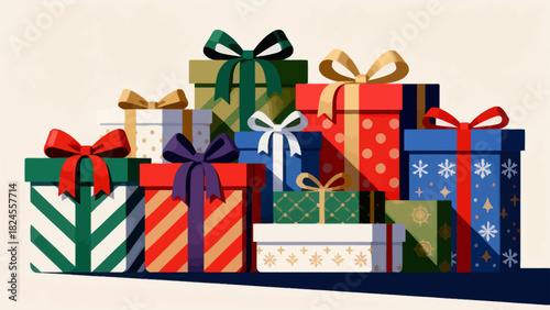 This festive illustration shows a colorful pile of gift boxes with various patterns (stars, snowflakes) and vibrant ribbons, creating a cheerful, holiday-themed scene perfect for celebrations.
