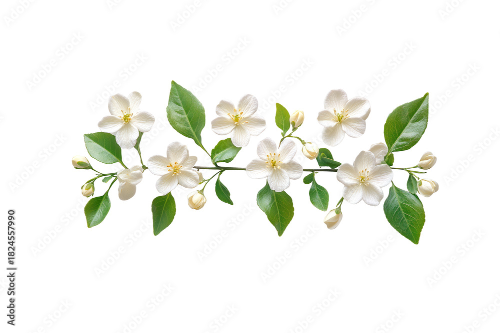 Fototapeta premium Jasmine Bloom: Delicate white jasmine blossoms unfurl, their pure petals accented by vibrant green leaves, showcasing the intrinsic beauty and simplicity of nature's design.
