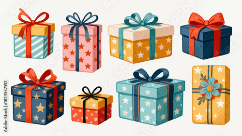 This festive illustration shows a colorful pile of gift boxes with various patterns (stars, snowflakes) and vibrant ribbons, creating a cheerful, holiday-themed scene perfect for celebrations.