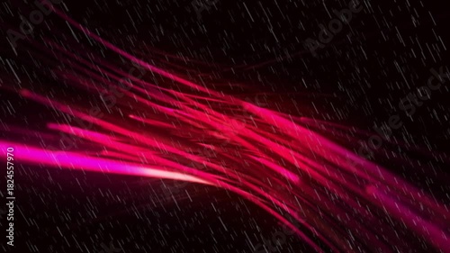 Magenta ribbons emerging lower-right, sweeping left and fanning into core over white rain streaks