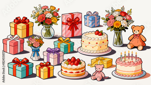 This festive illustration shows a colorful pile of gift boxes with various patterns (stars, snowflakes) and vibrant ribbons, creating a cheerful, holiday-themed scene perfect for celebrations.