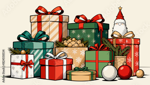 This festive illustration shows a colorful pile of gift boxes with various patterns (stars, snowflakes) and vibrant ribbons, creating a cheerful, holiday-themed scene perfect for celebrations.
