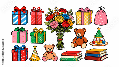 This festive illustration shows a colorful pile of gift boxes with various patterns (stars, snowflakes) and vibrant ribbons, creating a cheerful, holiday-themed scene perfect for celebrations.