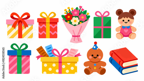 This festive illustration shows a colorful pile of gift boxes with various patterns (stars, snowflakes) and vibrant ribbons, creating a cheerful, holiday-themed scene perfect for celebrations.