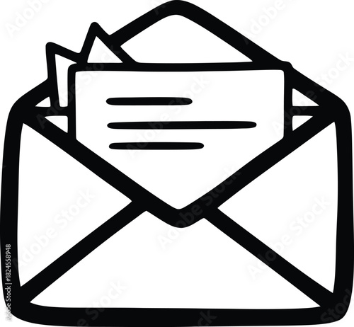 Doodle email envelope icon, hand-drawn solid black on white, jagged flap, simple message sketch
