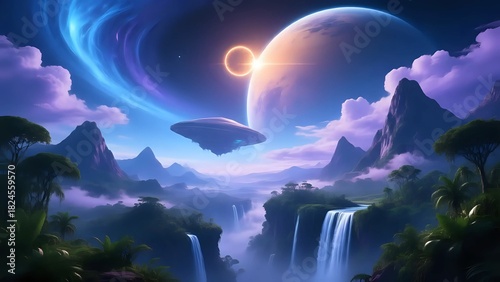 Wallpaper Mural Vibrant Alien Planet Landscape with Rings and Colorful Cosmic Skies Torontodigital.ca