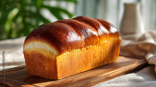 Perfect glossy brioche loaf with golden top, fluffy interior exposed, elegant wooden backdrop, natural soft light, ultra-realistic premium bakery advertising style.