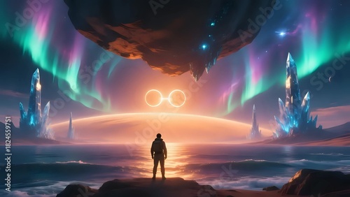 Wallpaper Mural Vibrant Alien Planet Landscape with Rings and Colorful Cosmic Skies Torontodigital.ca