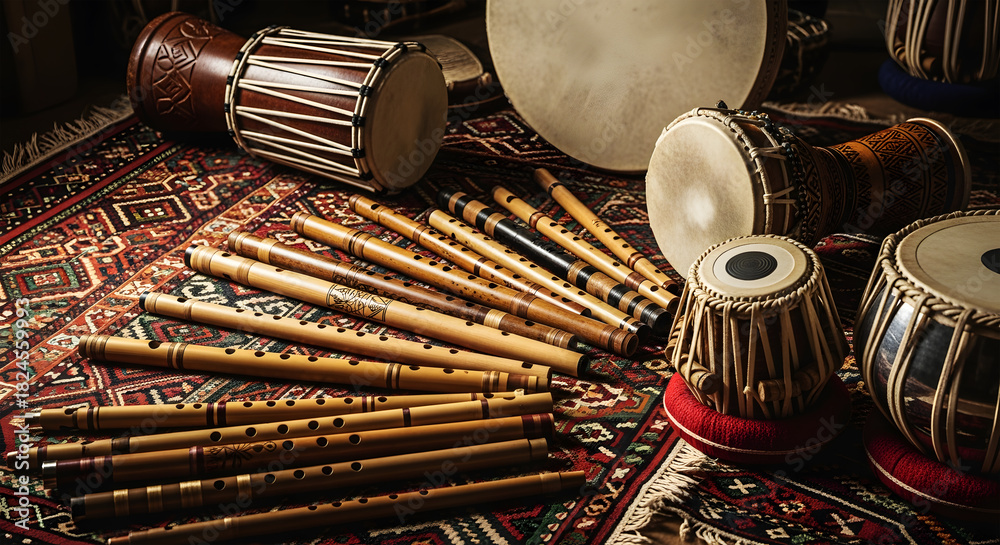 Obraz premium Collection of Traditional Musical Instruments Including Flutes Drums and Tabla on Rug bamboo flute