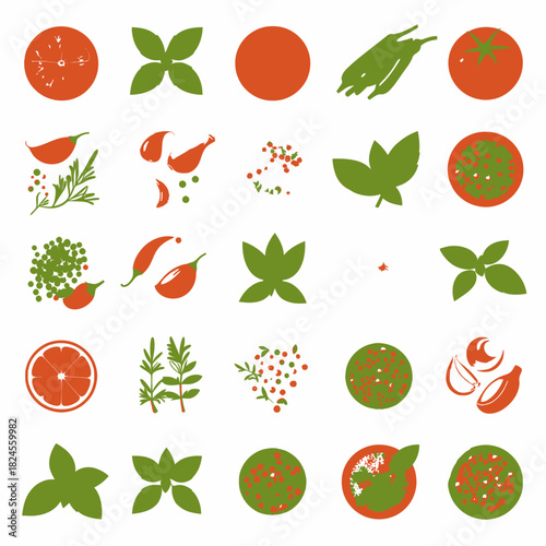 A grid of minimalist two-tone vector icons depicting various herbs, spices, and vegetables like basil, garlic, chili, and tomato.