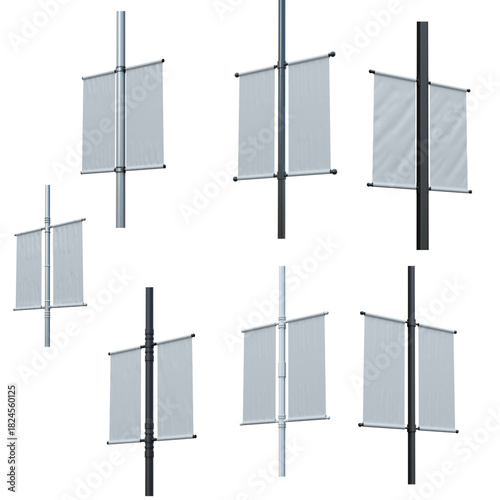 Set of Blank Vertical Street Banners on Lamp Posts for Advertising or Information Display

