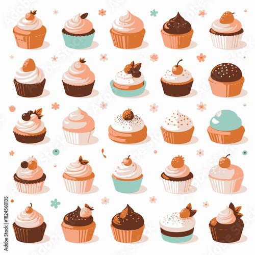 A delightful assortment of colorful cupcakes with various toppings and frostings, arranged in a pleasing pattern.