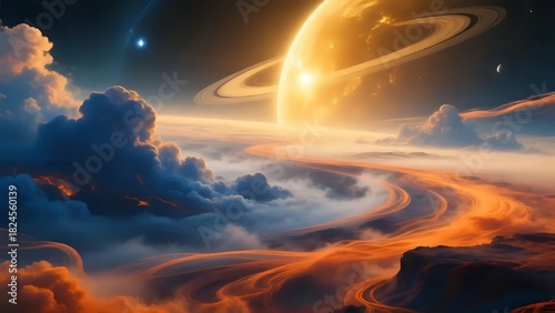 Wallpaper Mural Vibrant Alien Planet Landscape with Rings and Colorful Cosmic Skies Torontodigital.ca