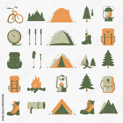 A collection of flat design icons representing various camping and outdoor adventure gear and elements like tents, trees, backpacks, and equipment.
