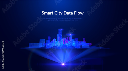 Blue violet futuristic cityscape with big data network flows vector background. Digital transformation metropolis skyline with data particles for technology presentations and fintech visualizations.