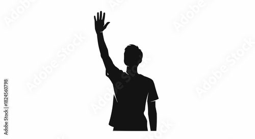 Silhouette of a person raising their hand in greeting or asking a question.