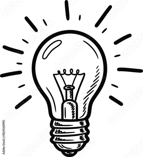 Doodle lightbulb idea icon, hand-drawn solid black on white, with scribbled thought lines, simple concept sketch